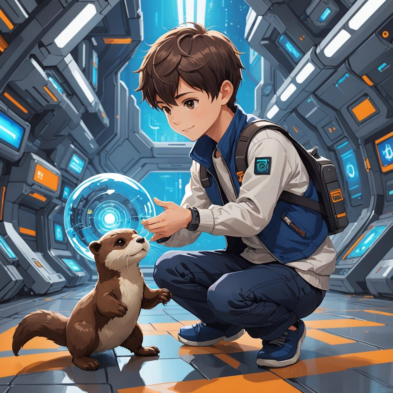 Boy and Futuristic Otter Toy in Anime Style