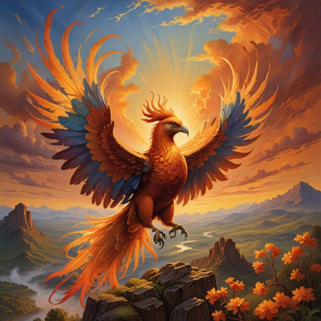 Phoenix Soaring Through Twilight Sky, in Oil Painting Style