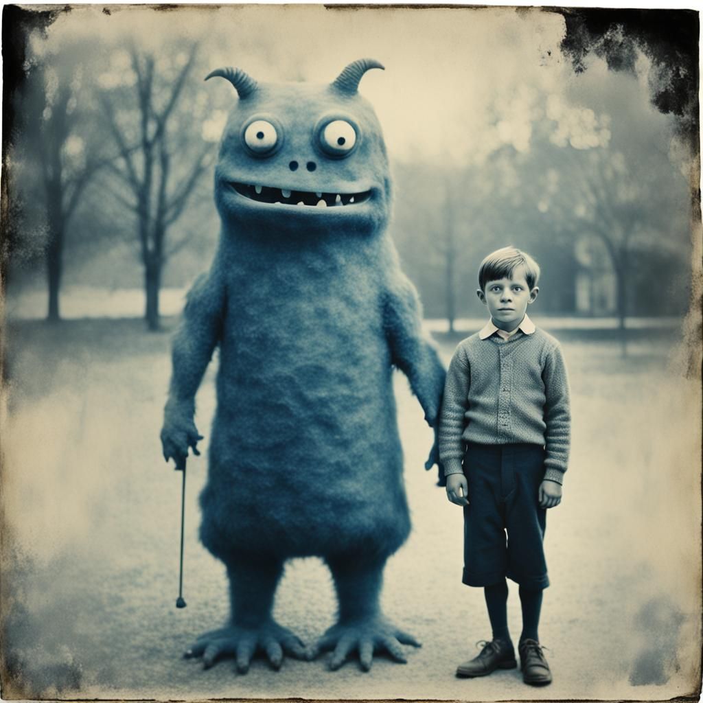 Boy and Monster at School: Cyanotype Style