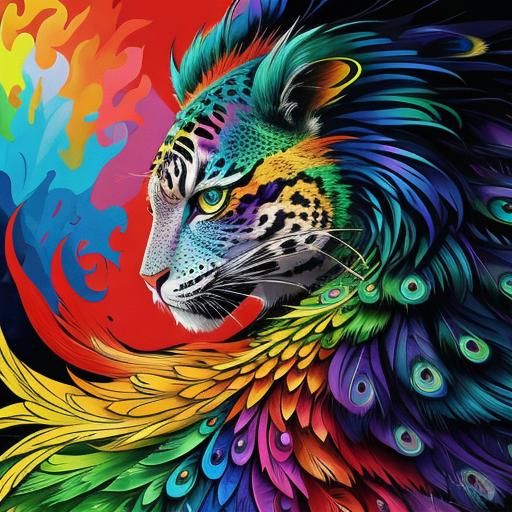Rainbow Dragon Woman with Peacock Hair, Abstract Art