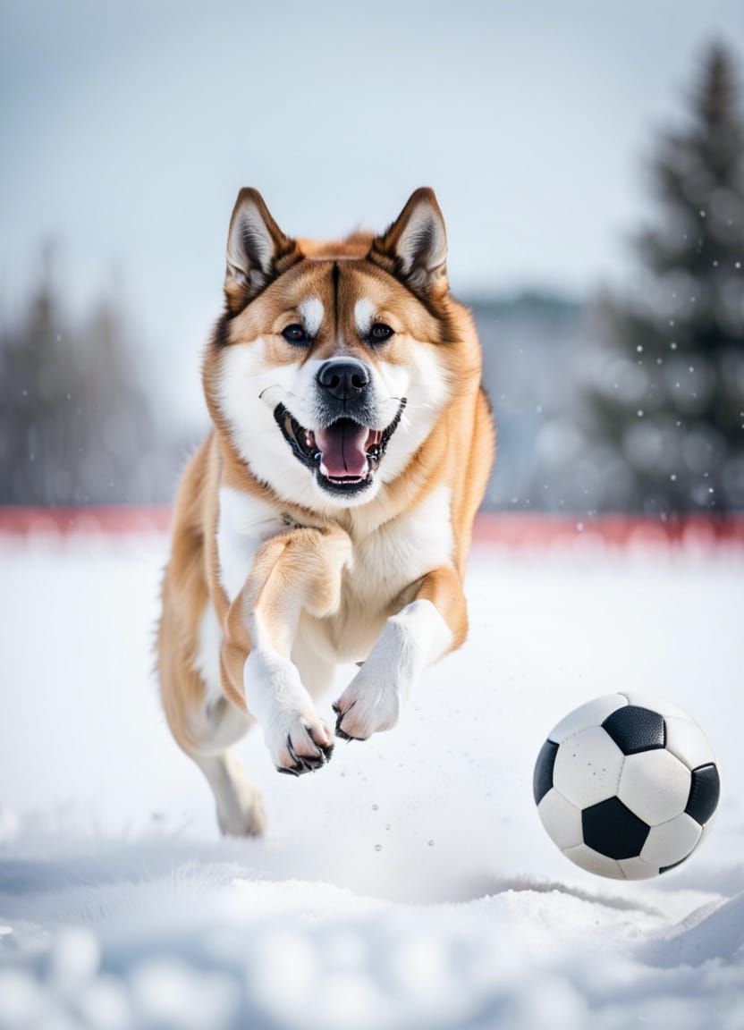 Akita Inu Soccer Leap in Snowy Landscape