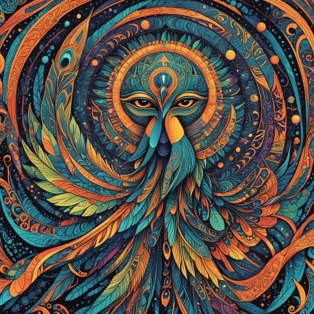 Thoth Holds Ma'at's Feather in Neon Surrealism