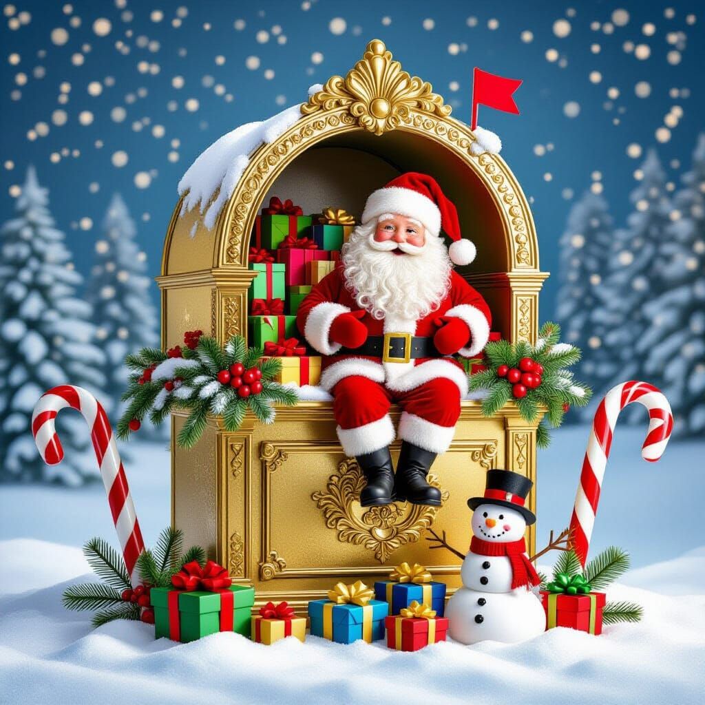 Santa Claus on Golden Mailbox with Presents