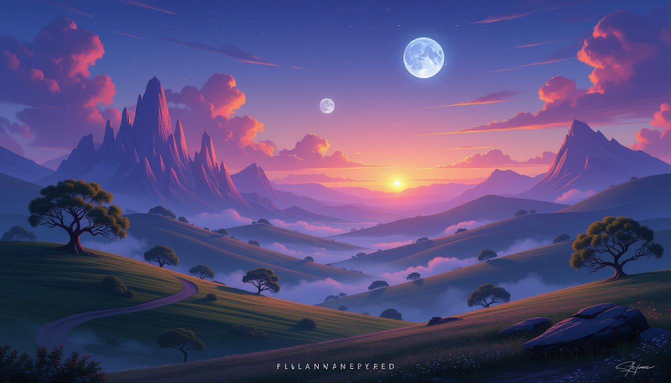 Fantasy Landscape Double Sunset Wallpaper in Cinematic Style