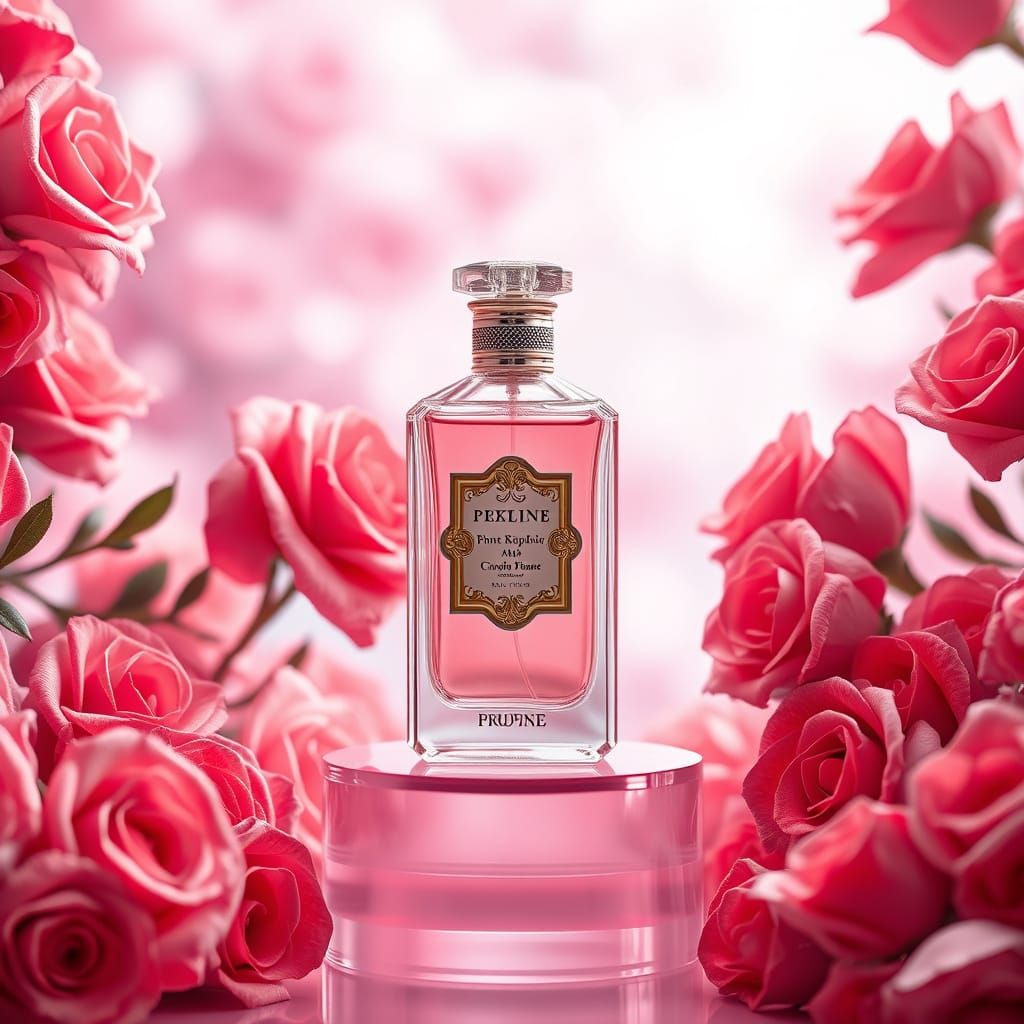 Luxurious Perfume Bottle Surrounded by Roses in Elegant Edit...