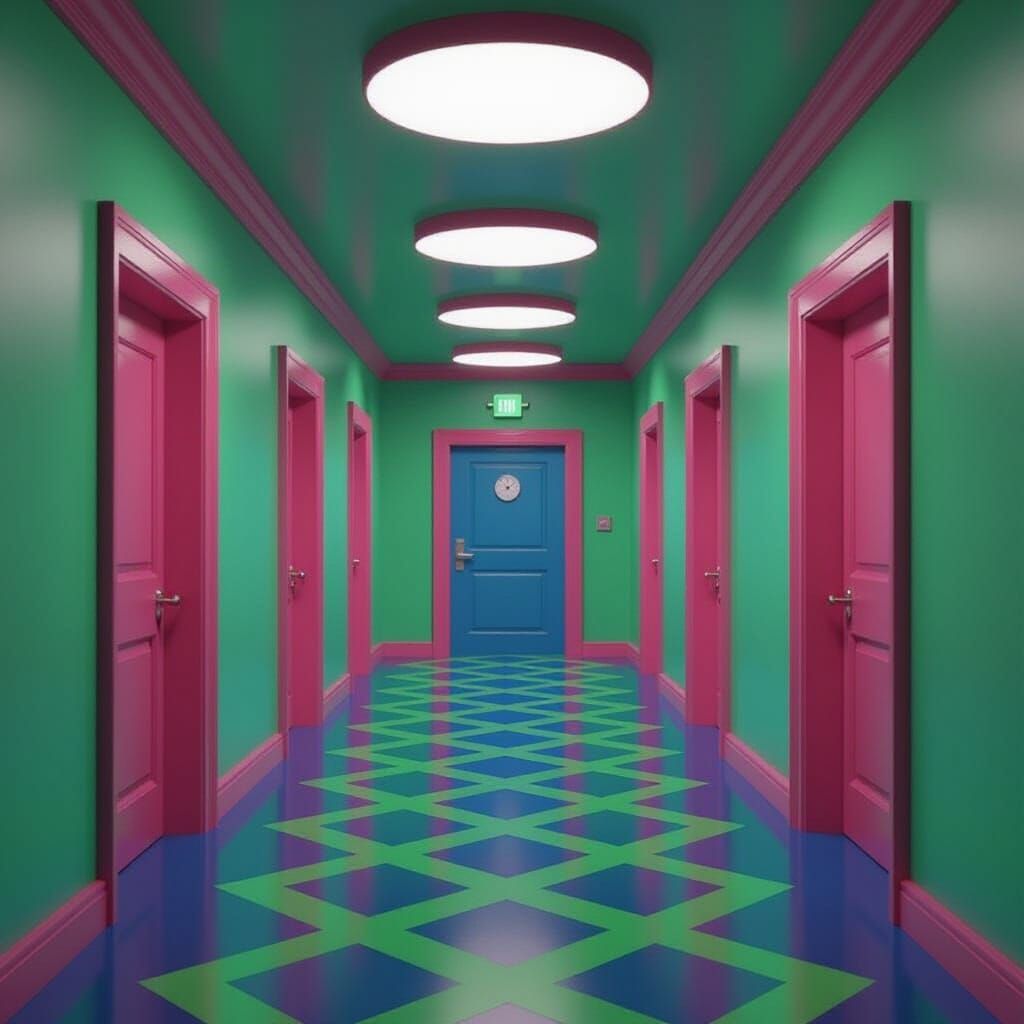 Surreal Neon Hallway with Impossible Architecture