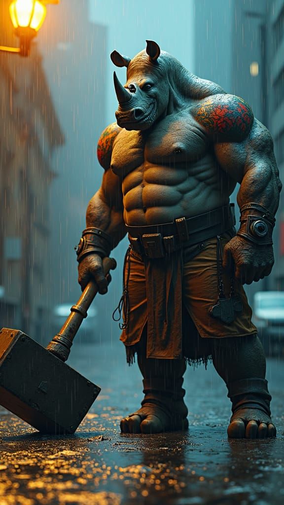 Rhino Gangster in Gritty Urban Landscape, Matte Painting