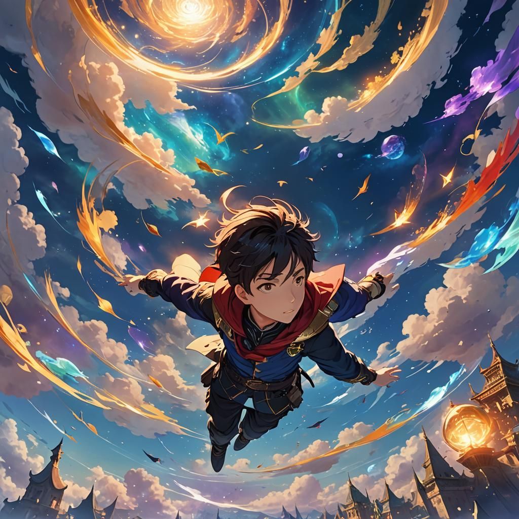 Boy Overlooking Magic Academy in Anime Style