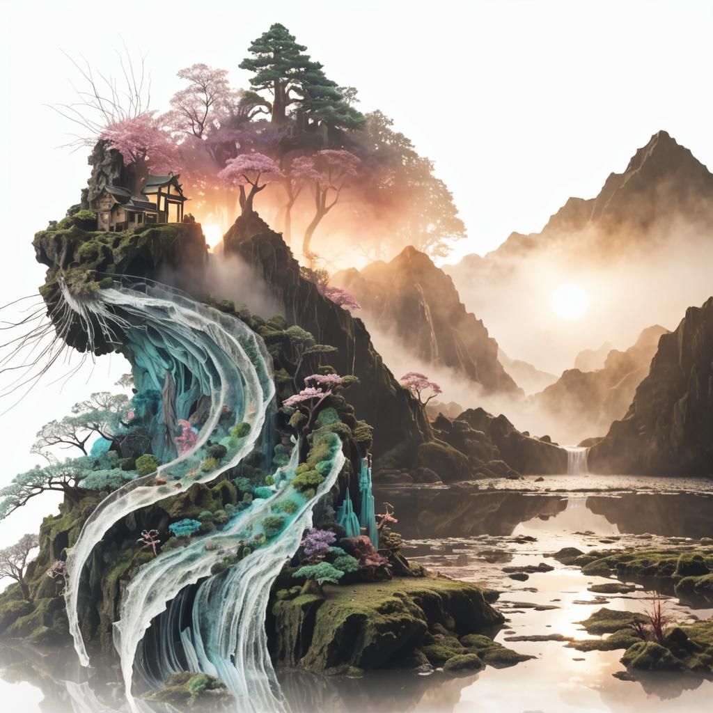 Seahorse Double Exposure: Trippy Psychedelic Fairy Village