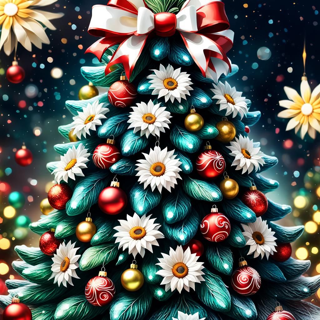 Christmas Tree with Iridescent Sunflowers, Hyperrealistic Ar...