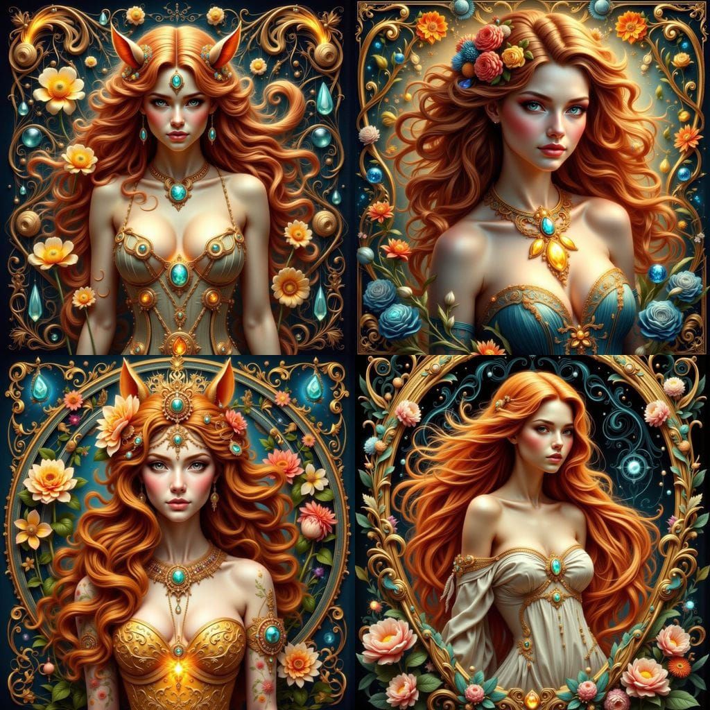 Art Nouveau Centaur Portrait with Jewels and Flowers