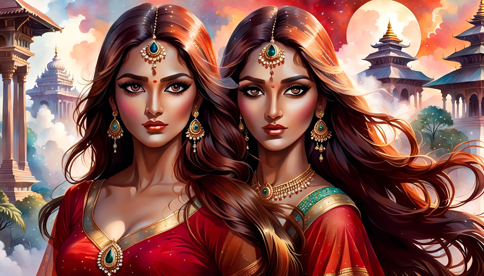 Modern Young lovely Indian Women with Brown Red Long hair