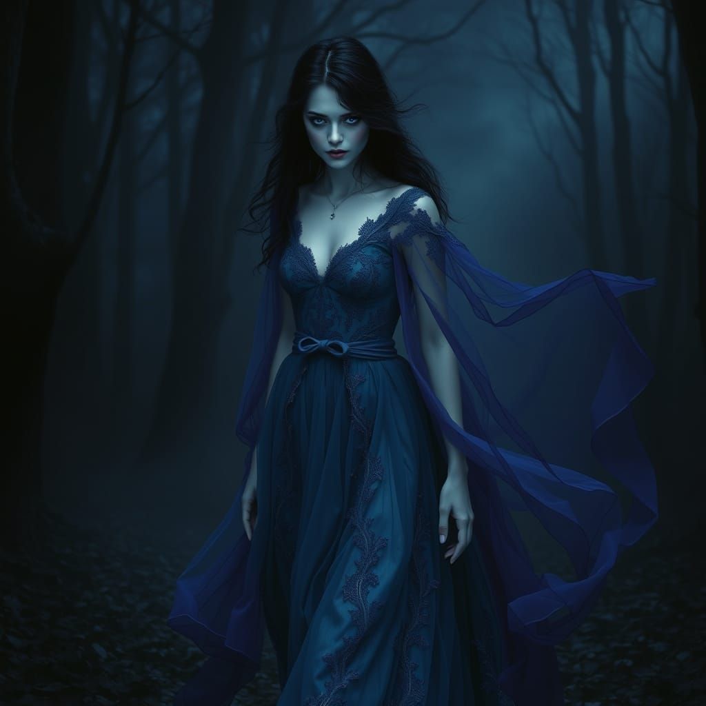 Ethereal Gothic Woman in Midnight Forest