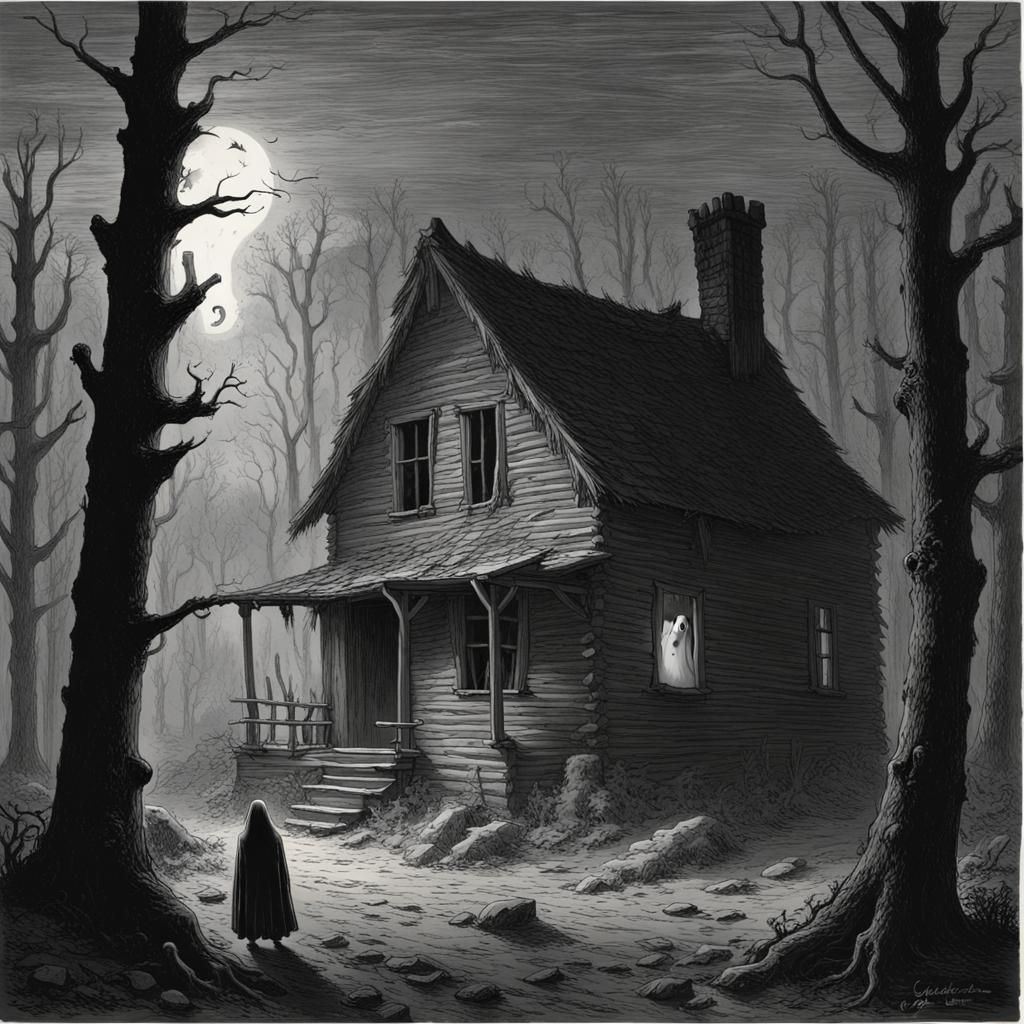 Eerie Cabin Scene with Ghost in Window