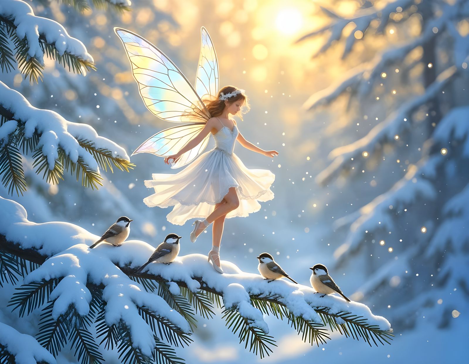 Magical Snow Fairy Dances in Winter Forest with Chickadees