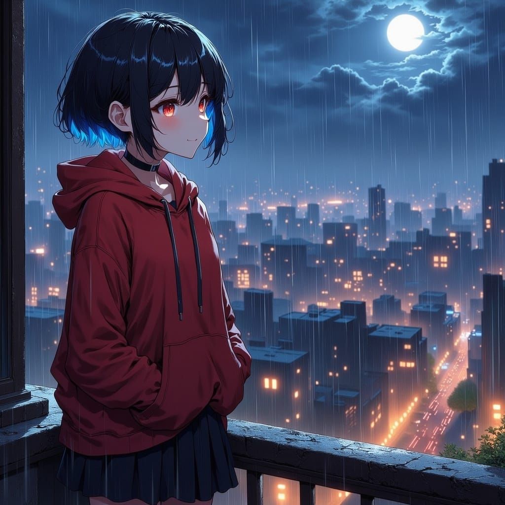 Anime-Style Girl with Electric Blue Highlights and Red Eyes,...