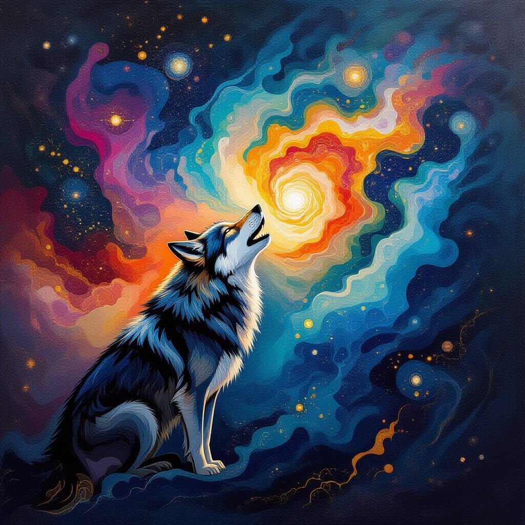 An abstract surrealist interpretation of a wolf howling at a...
