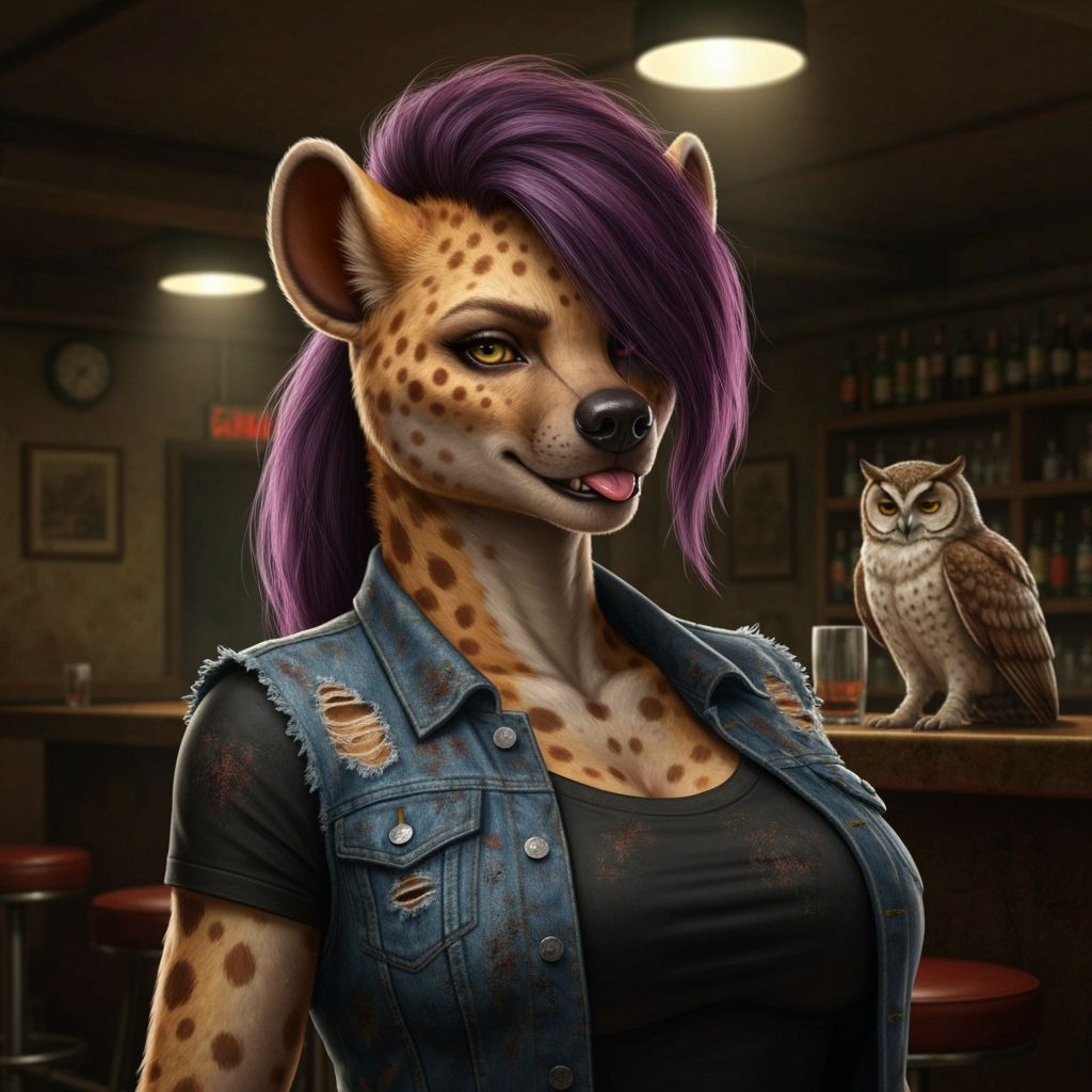 Anthropomorphic She-Hyena Portrait in Dive Bar