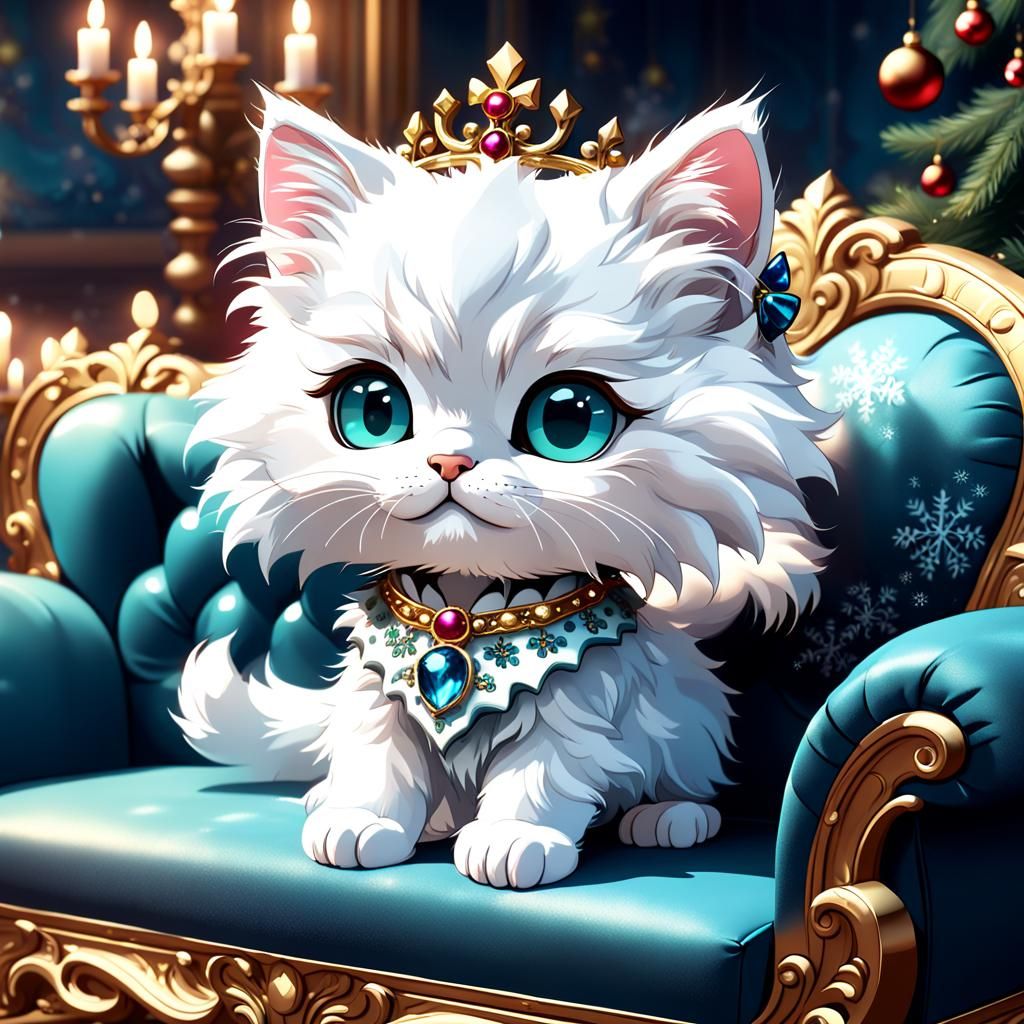 Fluffy Chibi Kitten with Diadem on Baroque Sofa