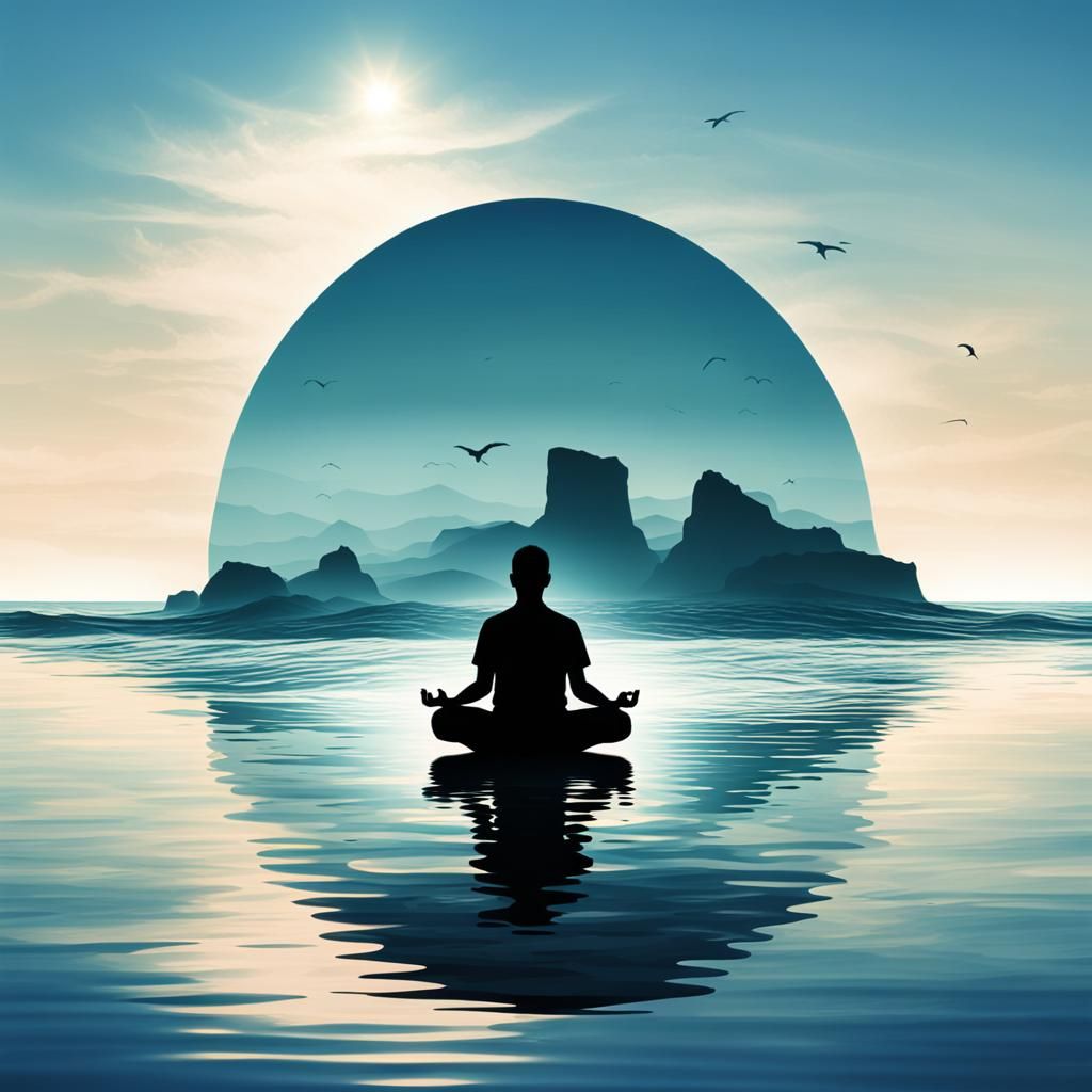 Meditating Silhouette Merged with Calm Ocean Scene