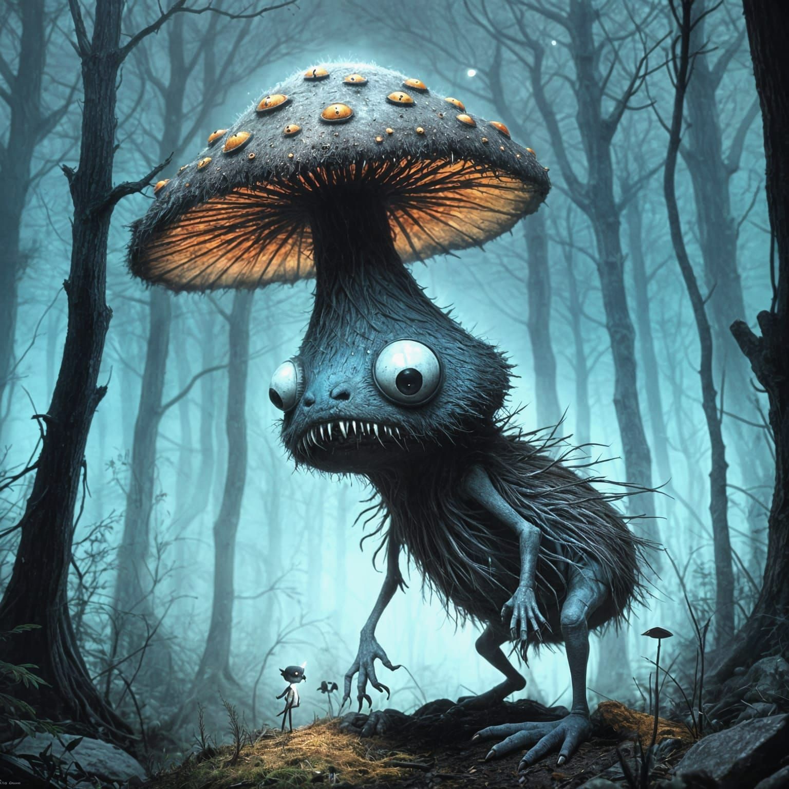 Eerie Creature in Misty Forest, Digital Illustration