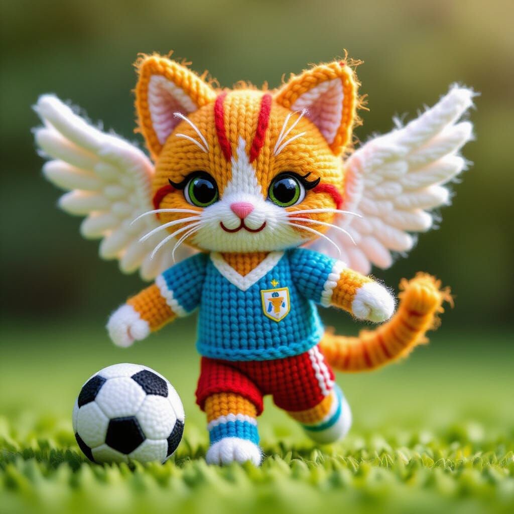 Cute Yarn Angel Cat Plays Soccer