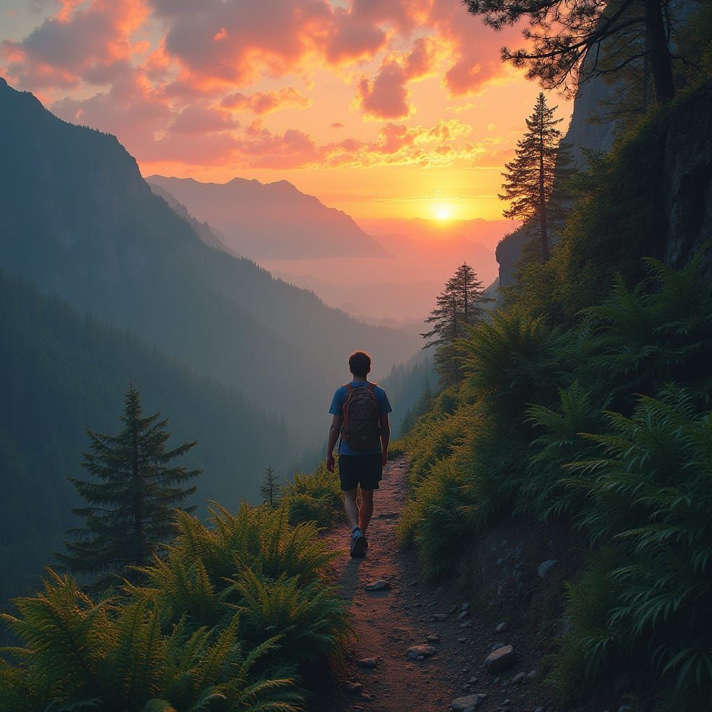 Athlete Climbs Mountain Amidst Vibrant Sunset