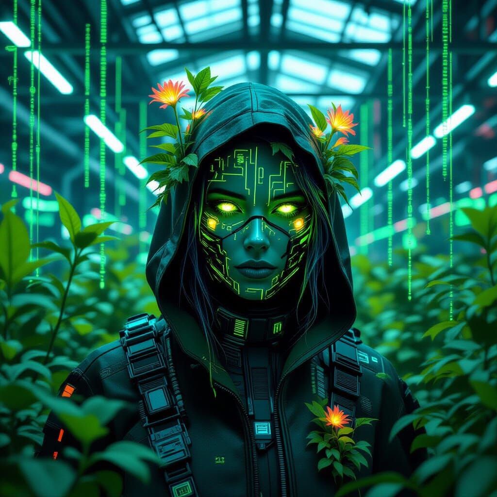 Cyberpunk Botanist Hidden by Bioluminescent Flora