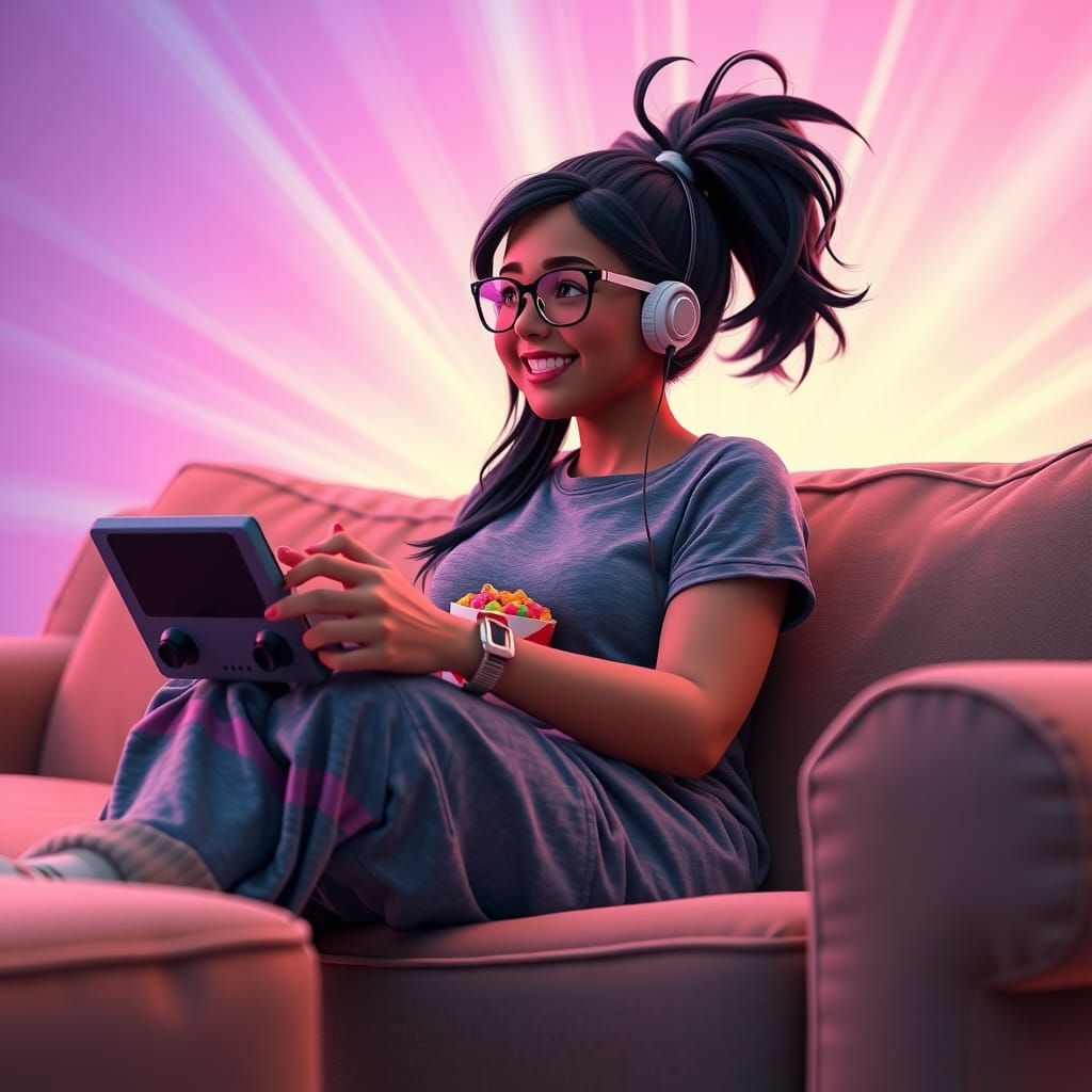Curvy Gamer Girl on Couch in 3D Style