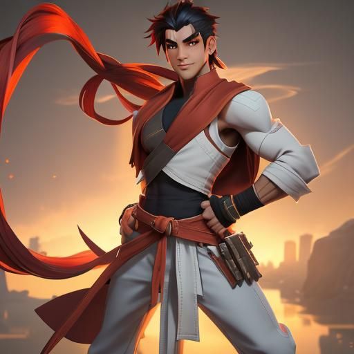 Anime Style Monk with Red Bandages and Long Hair