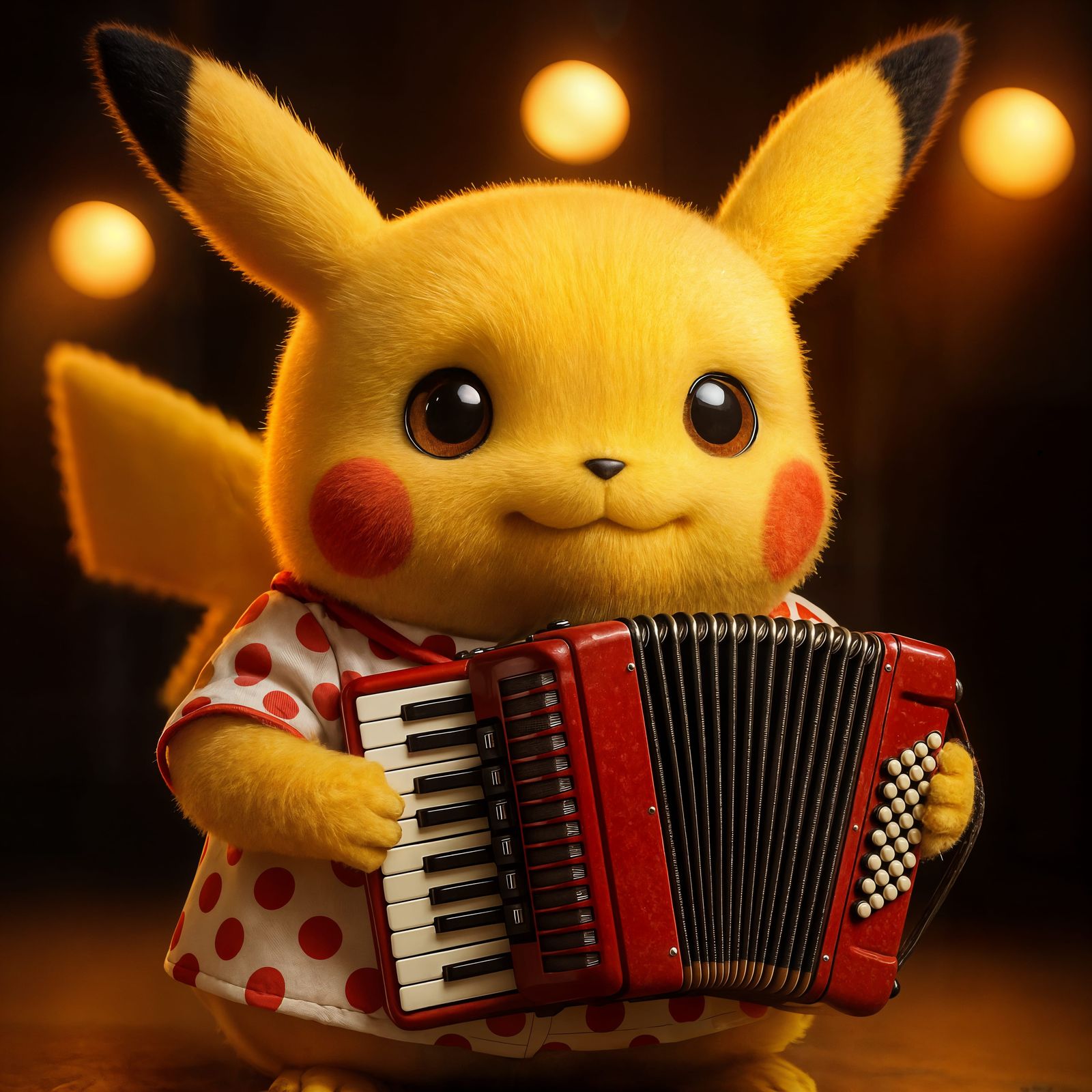 Adorable Pikachu in Polka Dots Plays Accordion on Stage