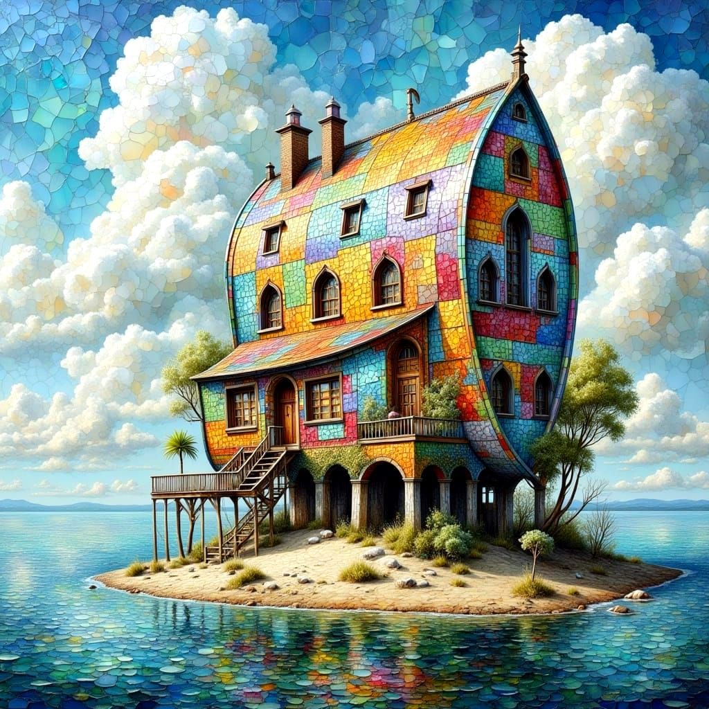 Colorful House on Stilts: Impasto Oil Painting