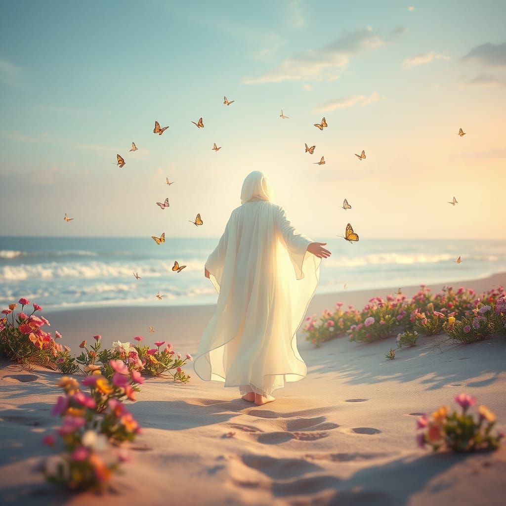 Ethereal Figure on Shoreline with Butterflies