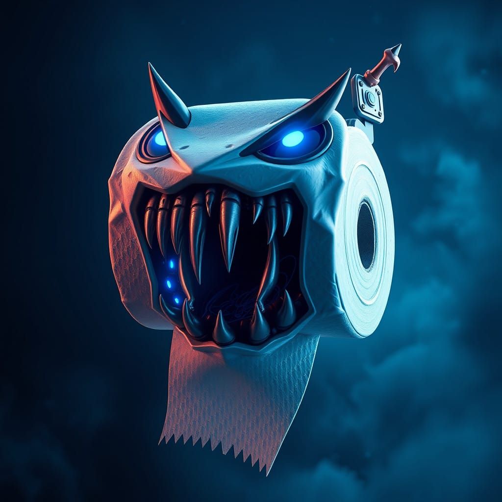 Whimsical Menacing Toilet Paper Roll in Cyberpunk Style