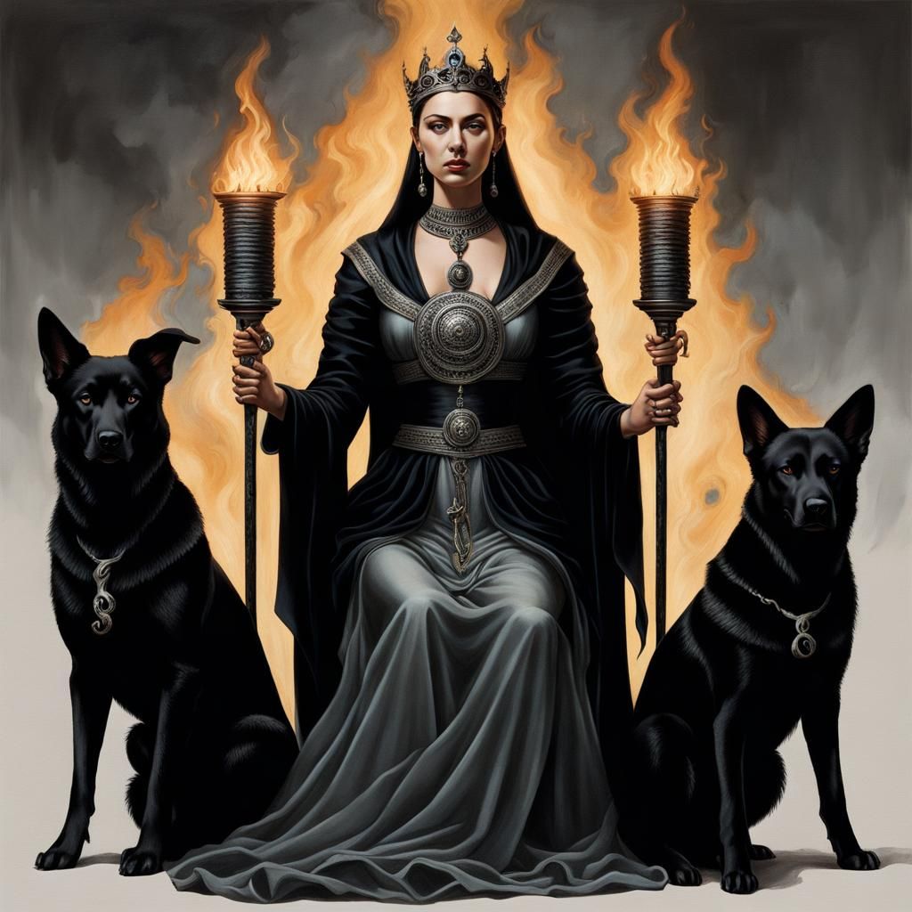 Goddess Hecate Portrait with Torches and Animals