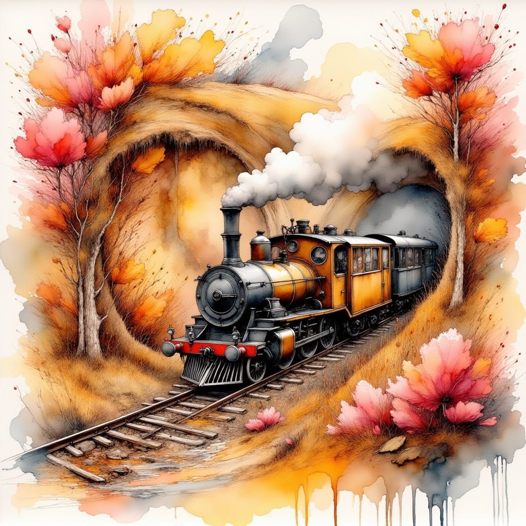 Surreal Watercolor Train Emerges from Heart Tunnel