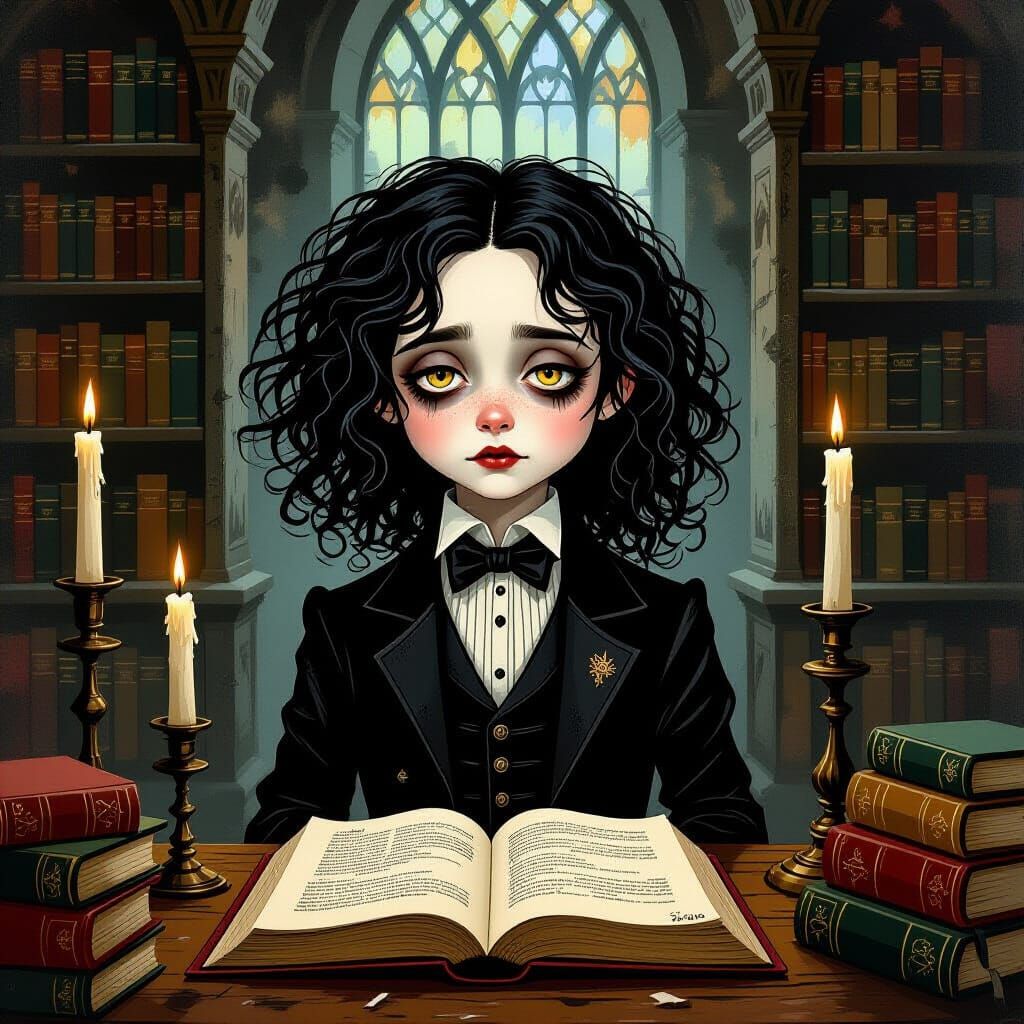 Goth Boy in Library: Eerie Cubist Style