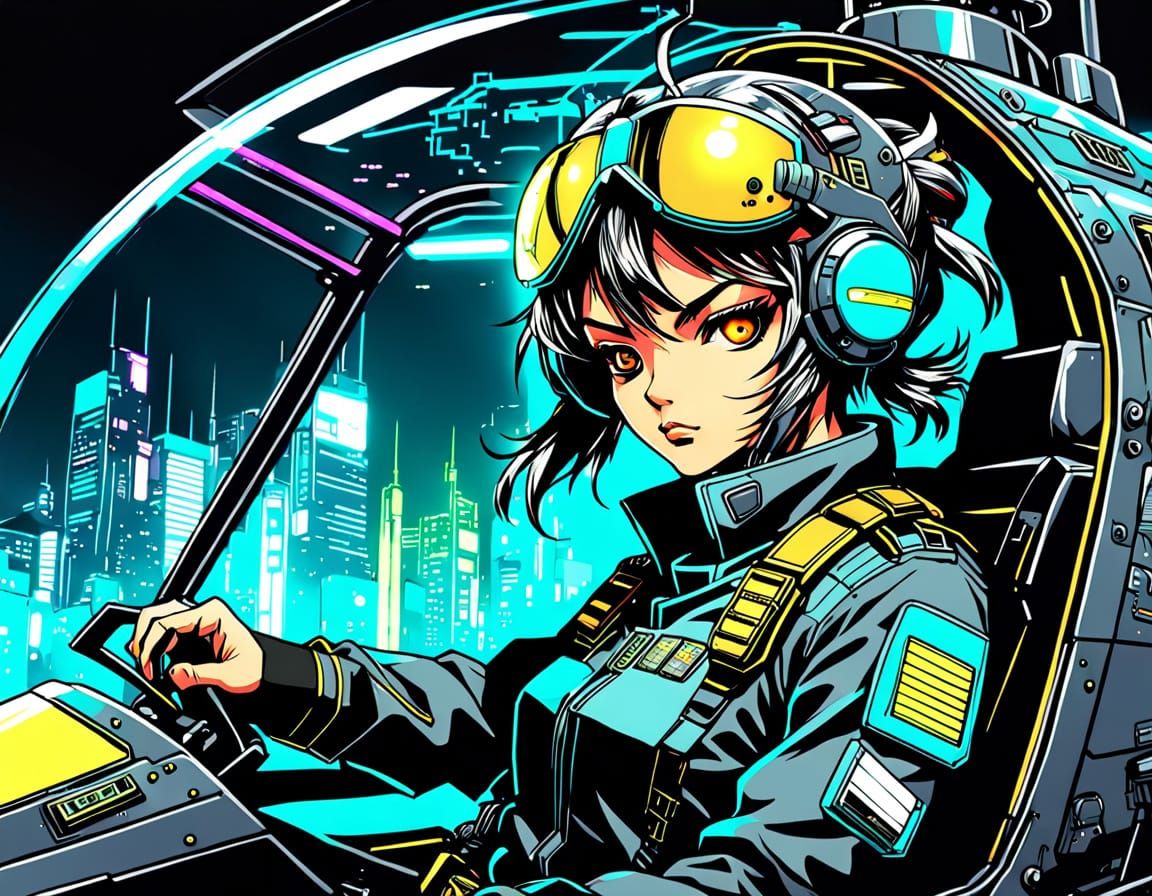 Cyberpunk Manga: Female Pilot in Sleek Helicopter