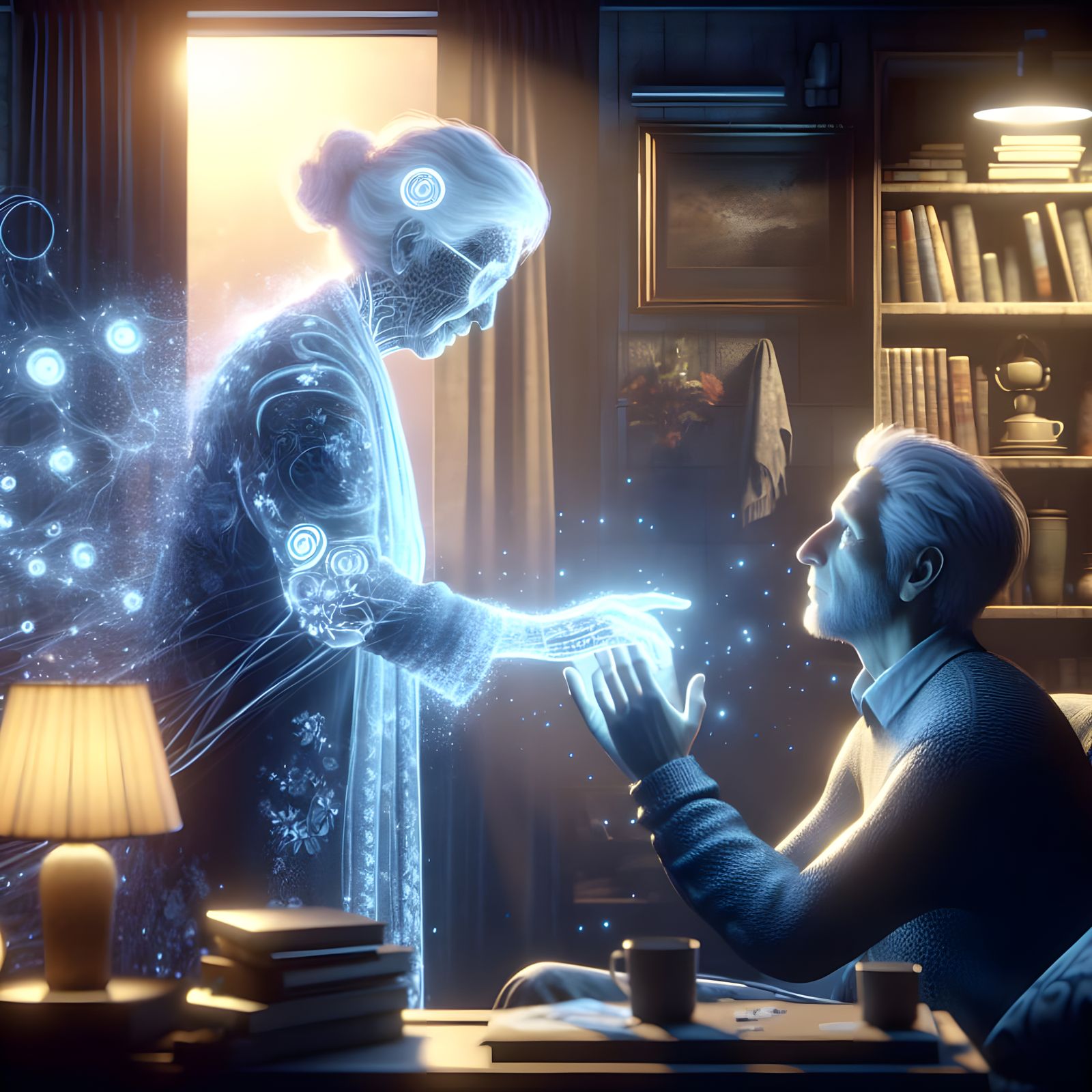 Comforting Hologram of an Elderly Woman in a Fantastical Liv...