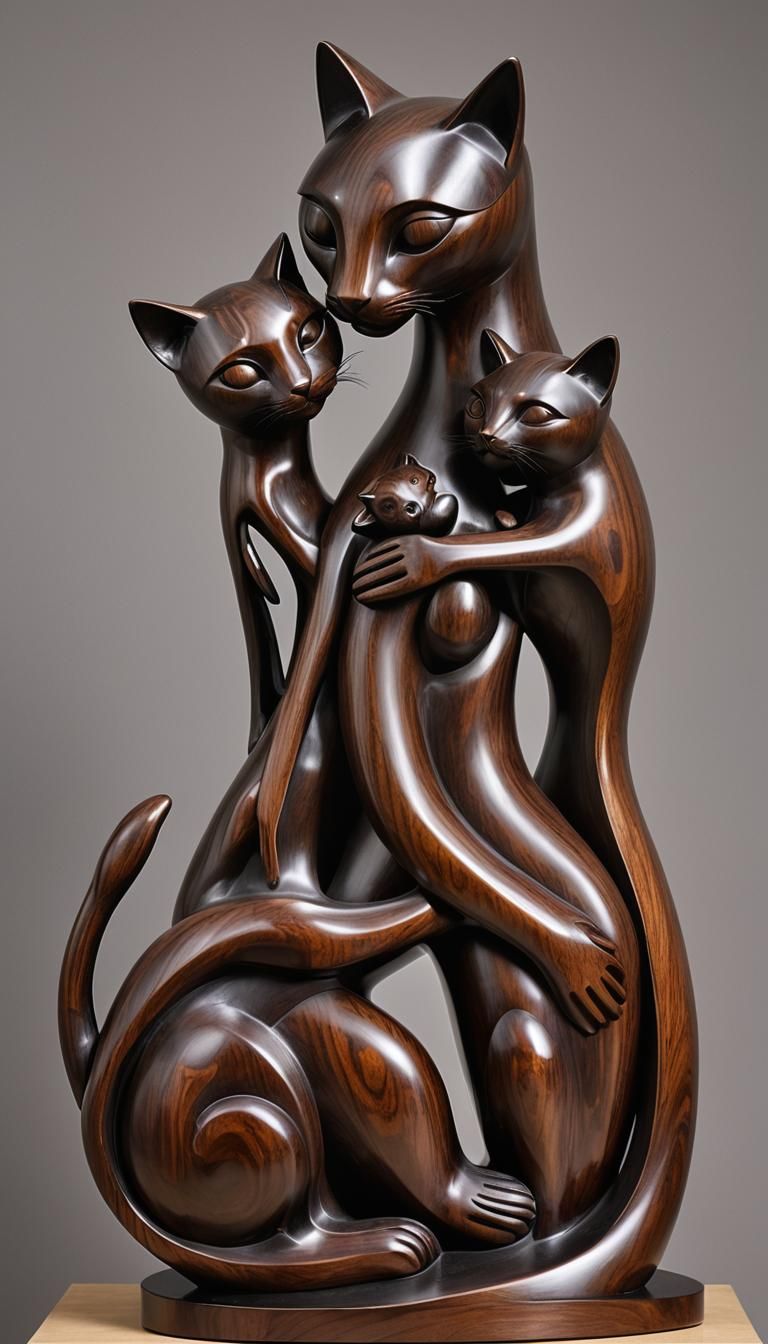 Abstract Sculpture of Mother Cat and Kittens