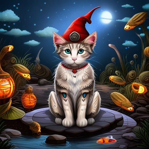 cyborg, mechanical, steampunk, cute kitten in a witches hat ...