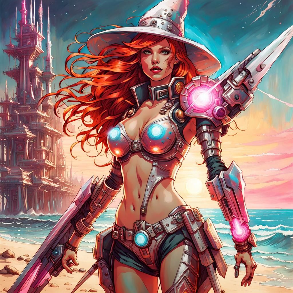 Cyberpunk Witch on Futuristic Beach Vacation