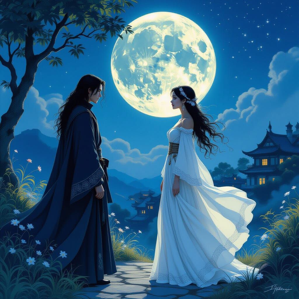 Mysterious Encounter Under the Moon in Romantic Style