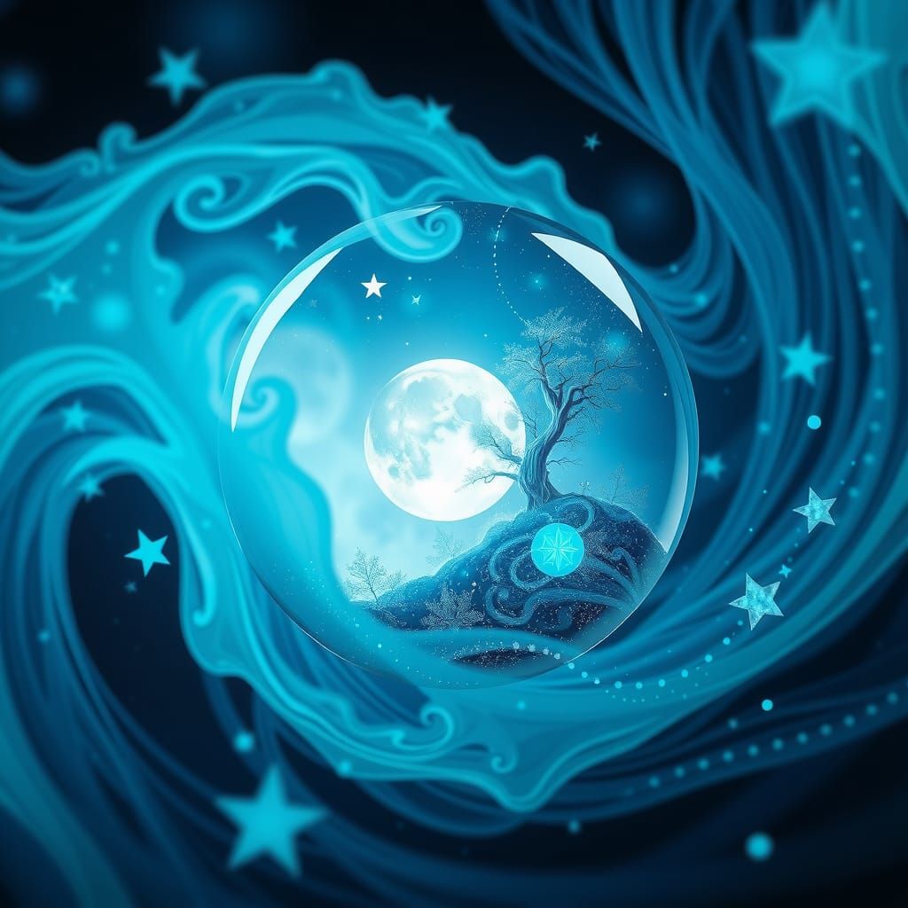 Mystical World in Glass Orb with Swirling Stars