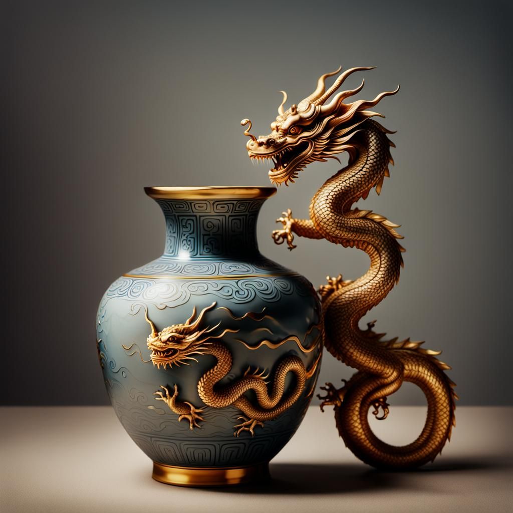 Porcelain Vase with Glass Dragon in Cinematic Style