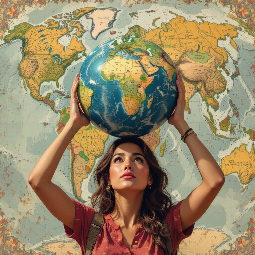 Woman Holds Syrian Globe: Matte Painting Style