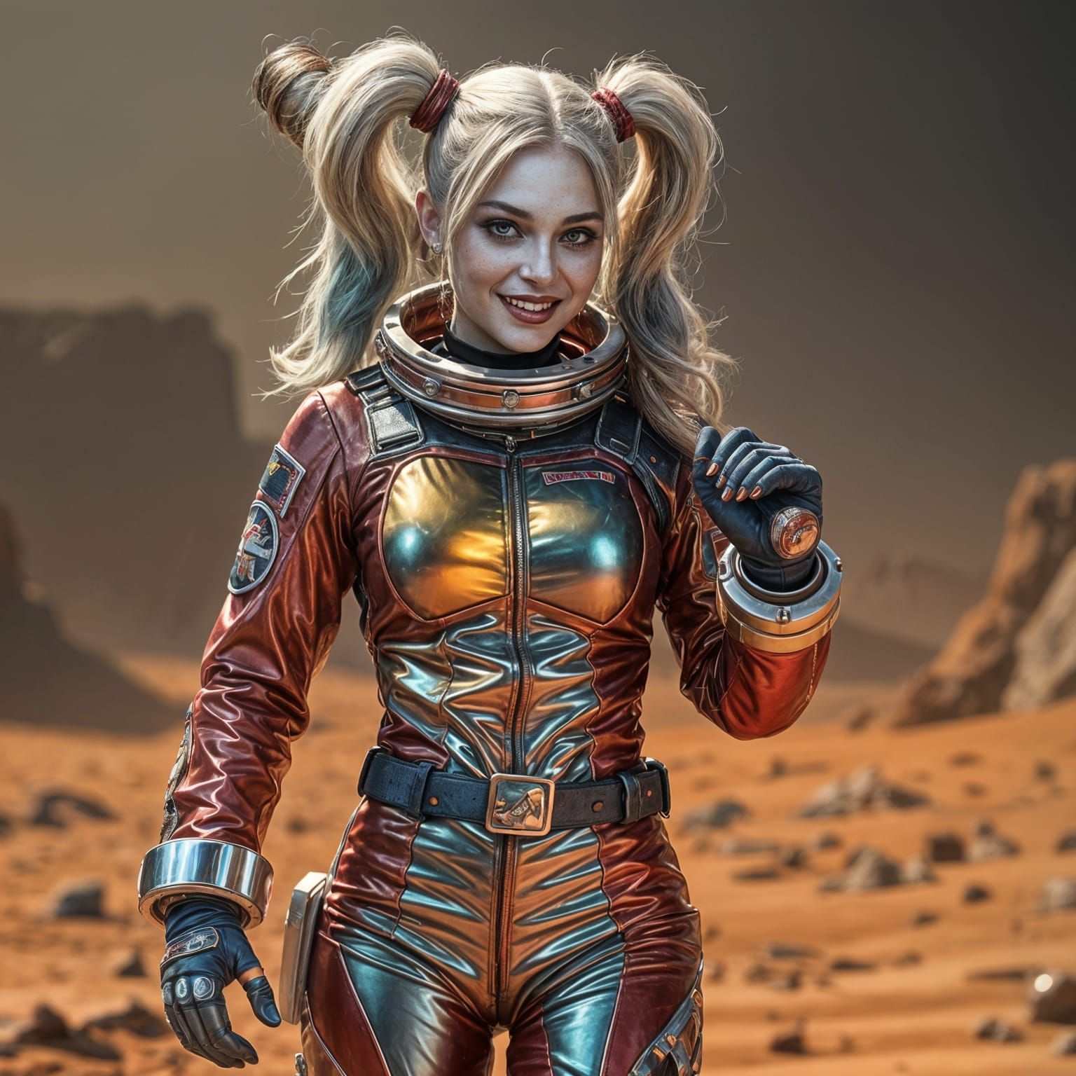 Hyperrealistic Harley Quinn Exploring Mars in Shimmering Spa...