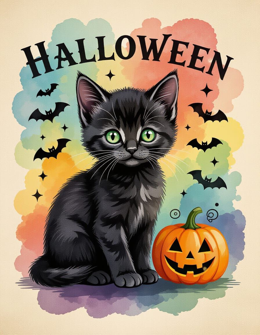 Vintage Halloween Kitten with Watercolor Background
