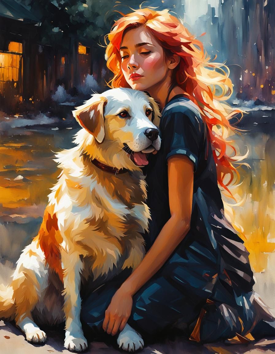 Sunset Shimmer Hugs Dog in Gouache Painting