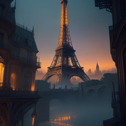Ethereal Eiffel Tower Fantasy Art Nouveau Steampunk